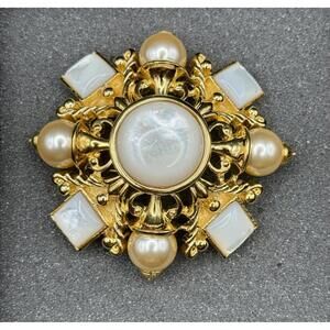 Vintage Joan Rivers Brooch, Maltese Cross, Mother of Pearl Inlay, Sim Pearls